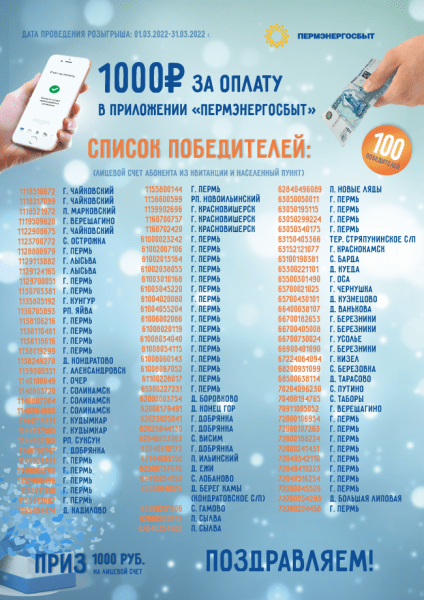 «1000 рублей за оплату в приложении!»: список победителей акции от «Пермэнергосбыт»